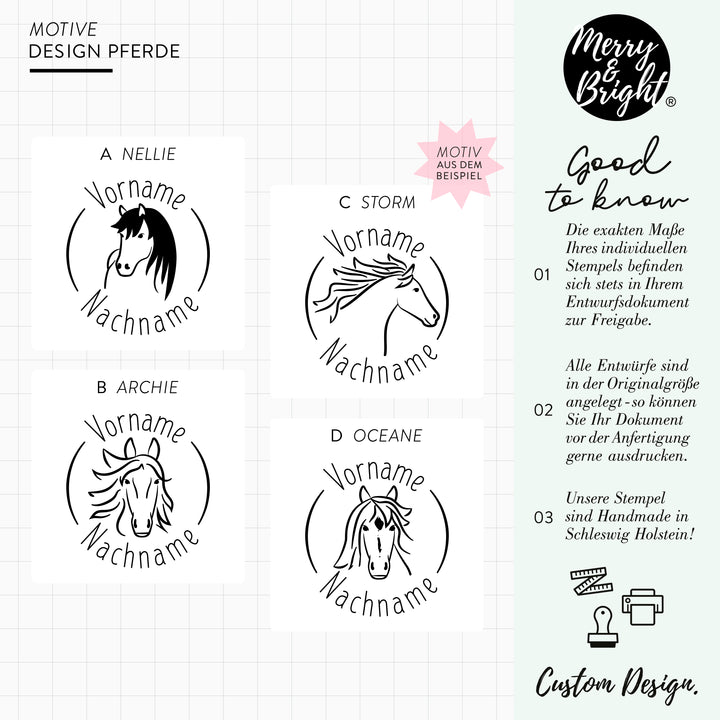 Mittlerer runder Stempel Pferde 40 mm x Vorname und Nachname