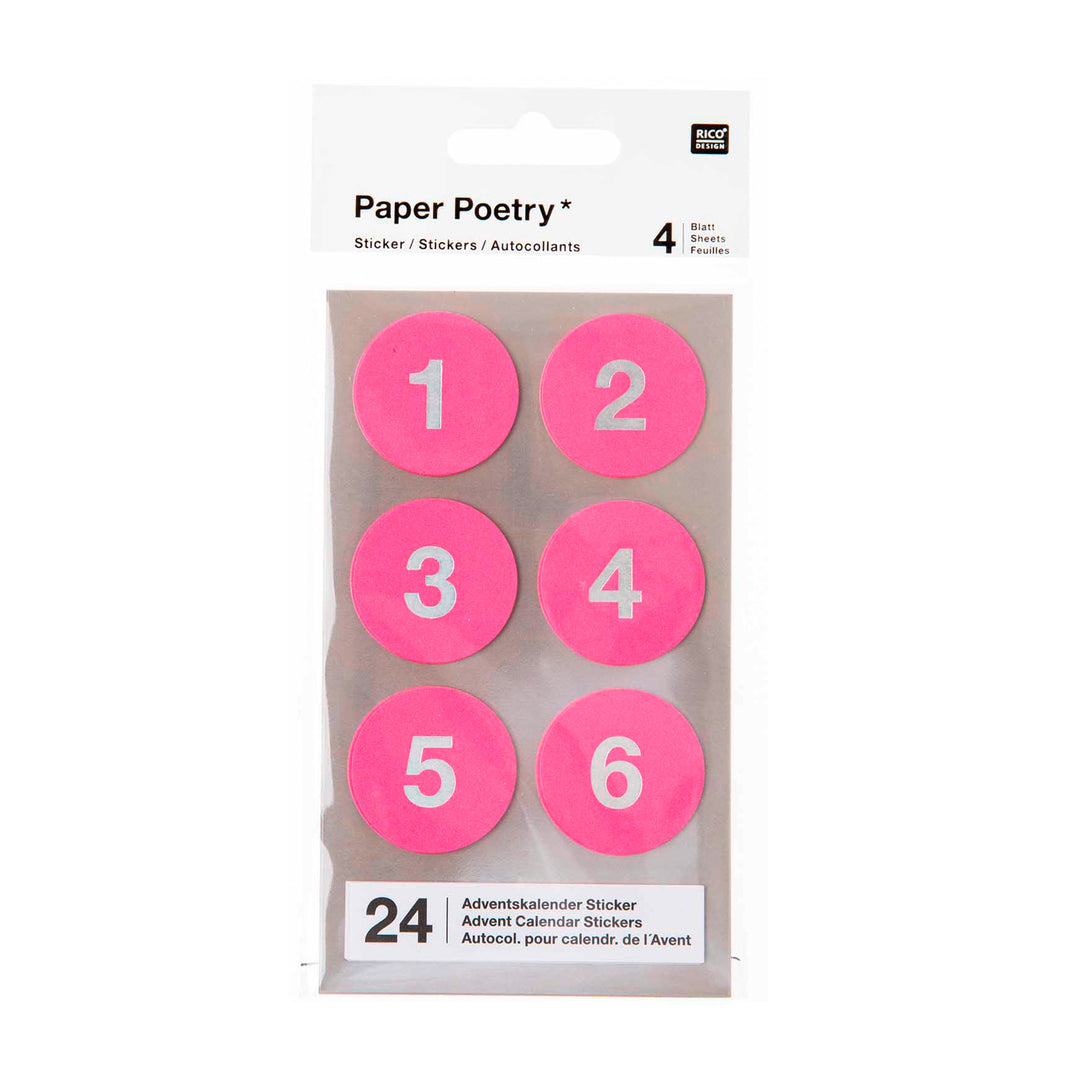 Adventskalender Sticker Zahlen 1-24 pink/silber